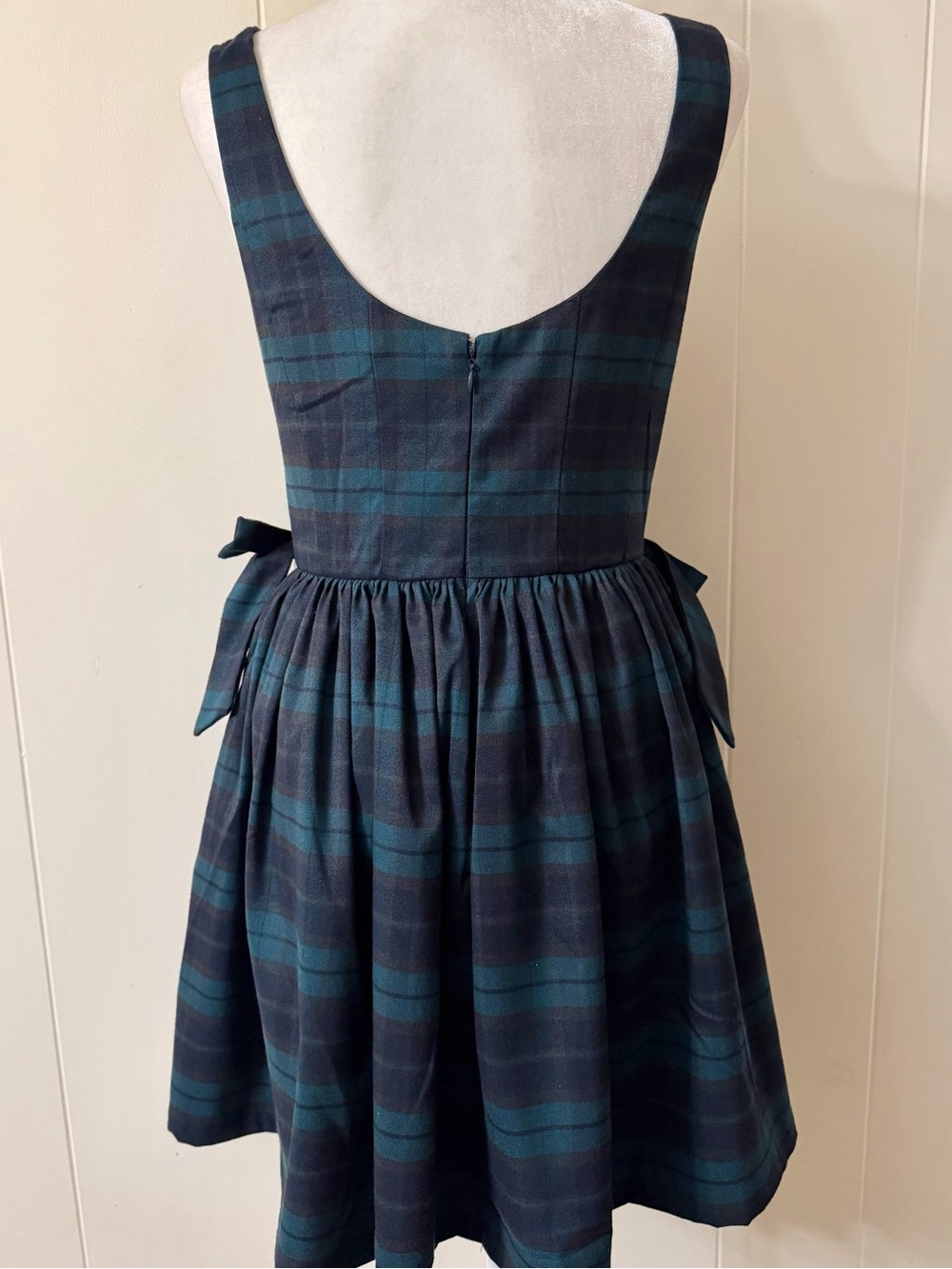 Avec Les Filles NWT Plaid blue green Square Neck Mini Dress Bow Detail 6 NWT - Picture 4 of 8